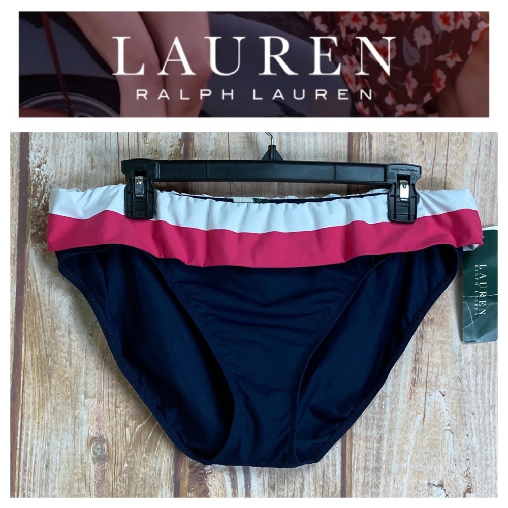 ➡️NWT Lauren Ralph Lauren Navy w/Pink and White Ruffle Bikini Bottom Size 16